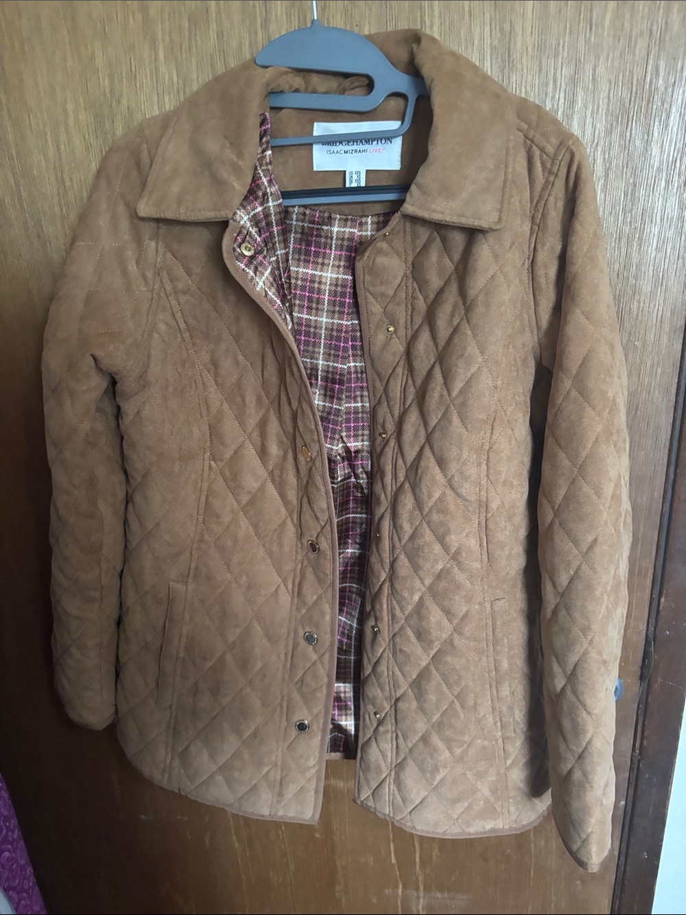 Isaac Mizrahi Quilted Brown Utility Jacket with Plaid Lining